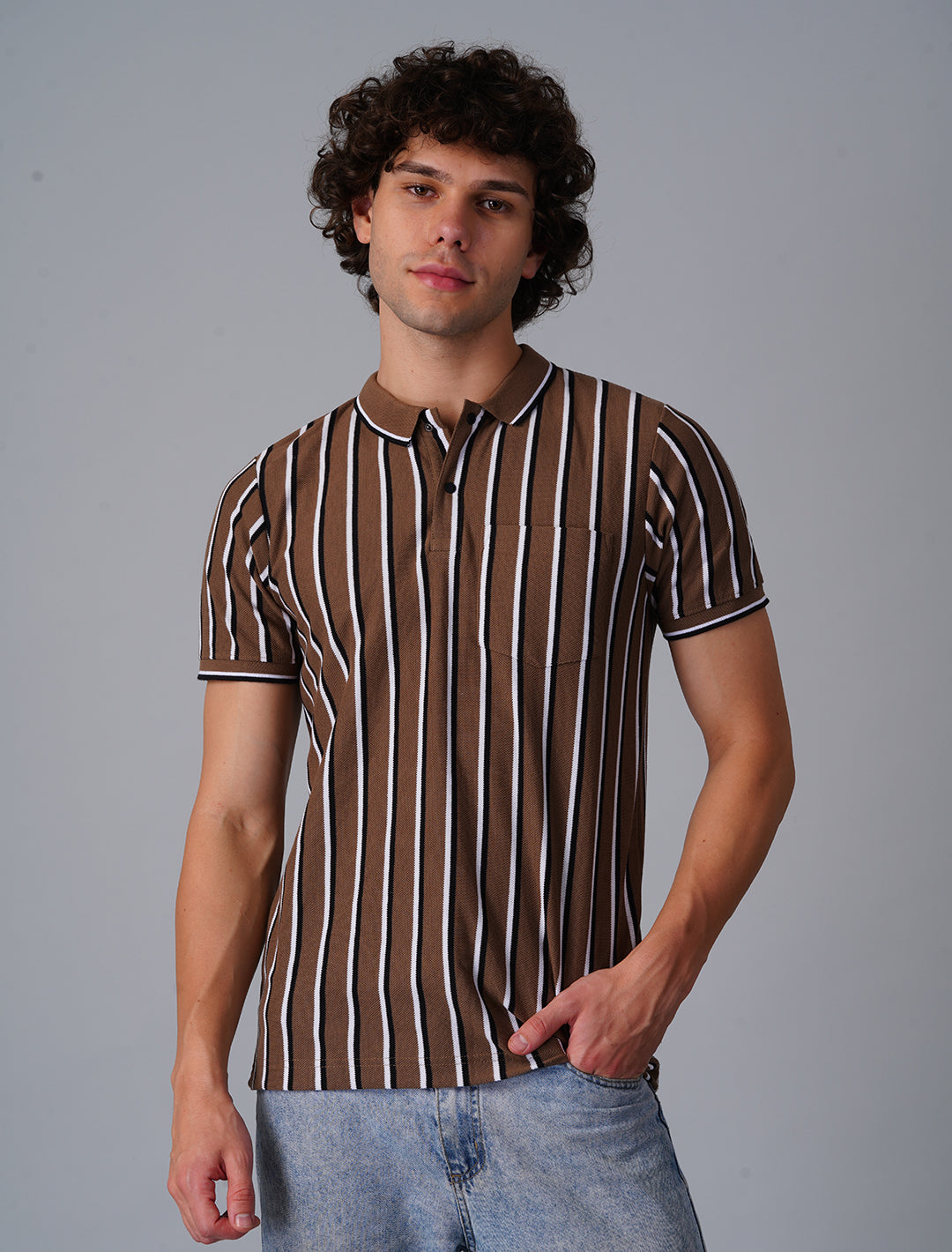 Vertical Stripper Polo T-Shirt - Brown