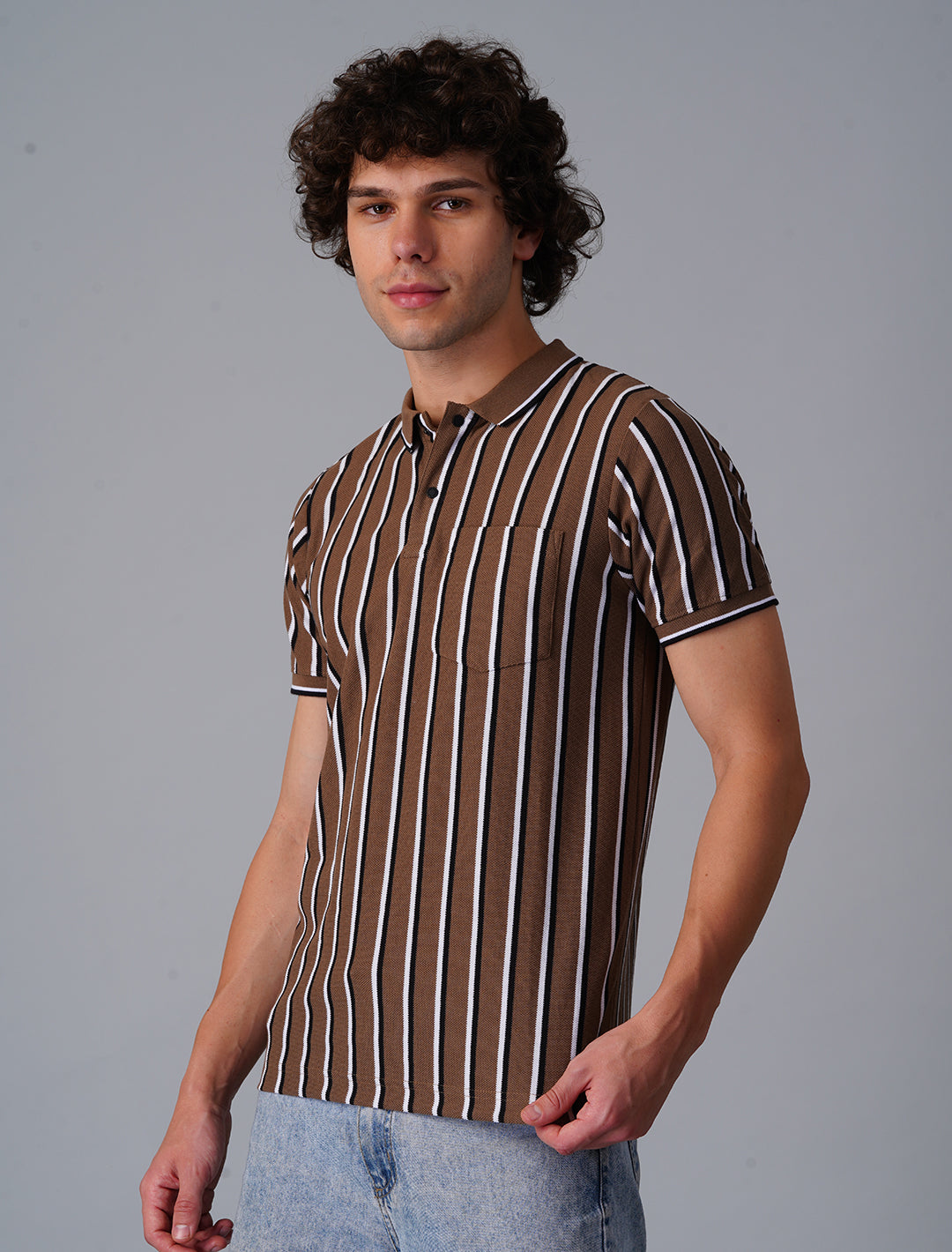 Vertical Stripper Polo T-Shirt - Brown
