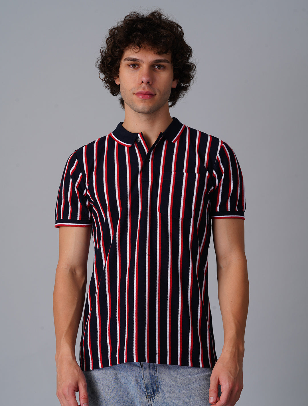 Vertical Stripper Polo T-Shirt - Dark blue