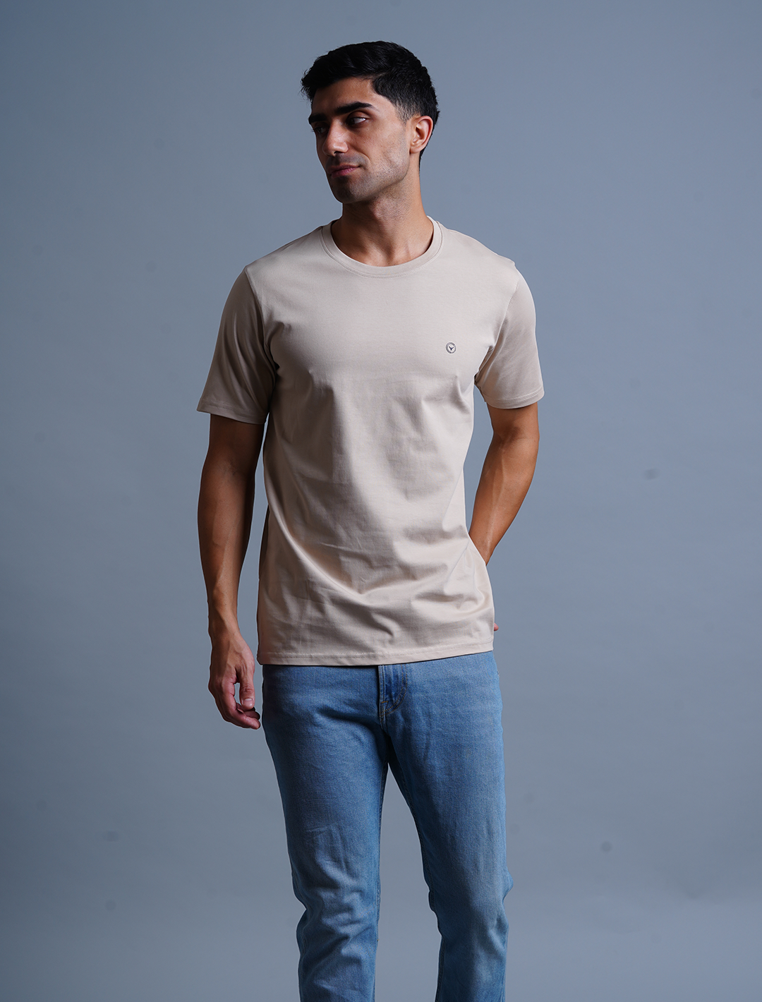 Crew Neck Cotton T-Shirt - Beige