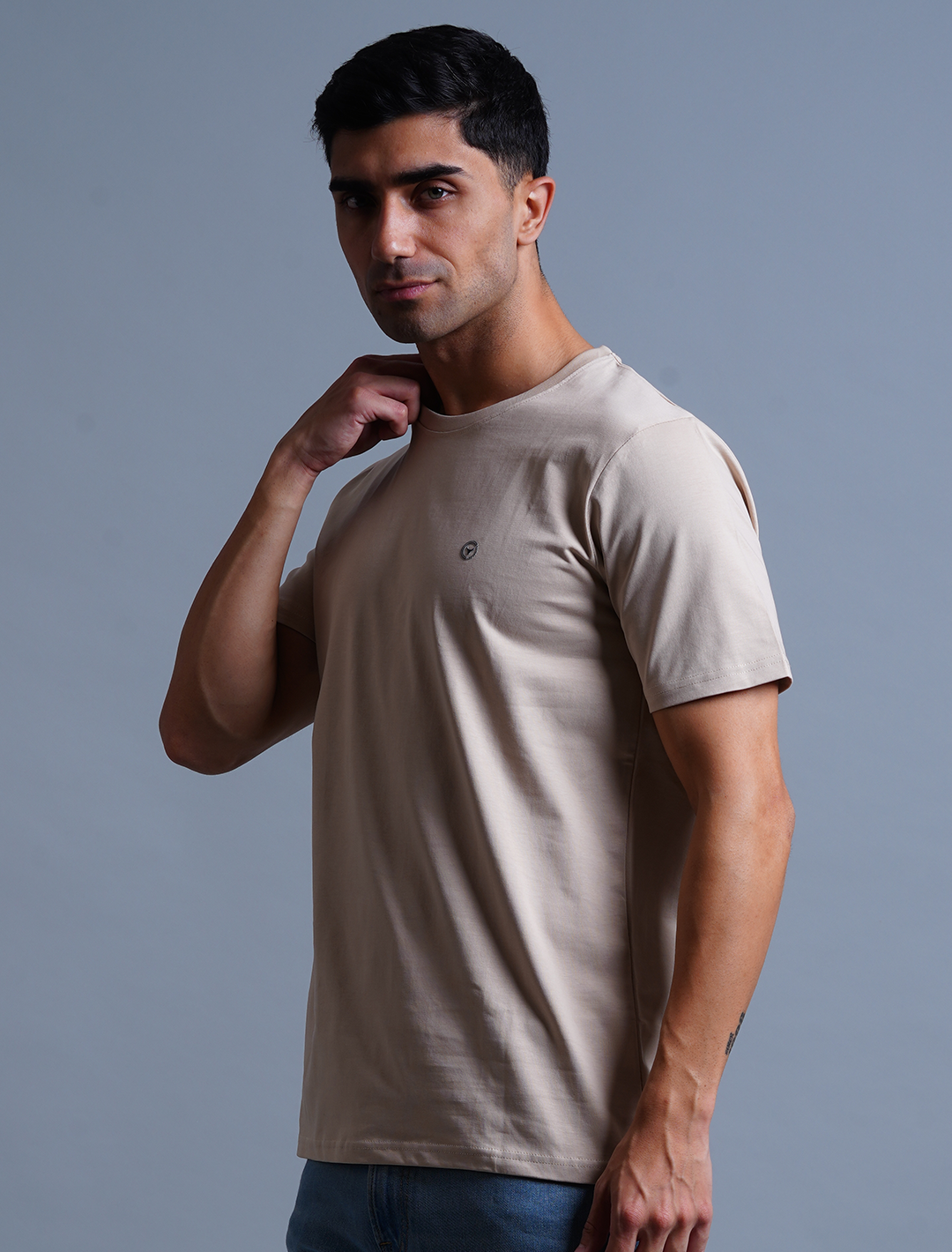 Crew Neck Cotton T-Shirt - Beige