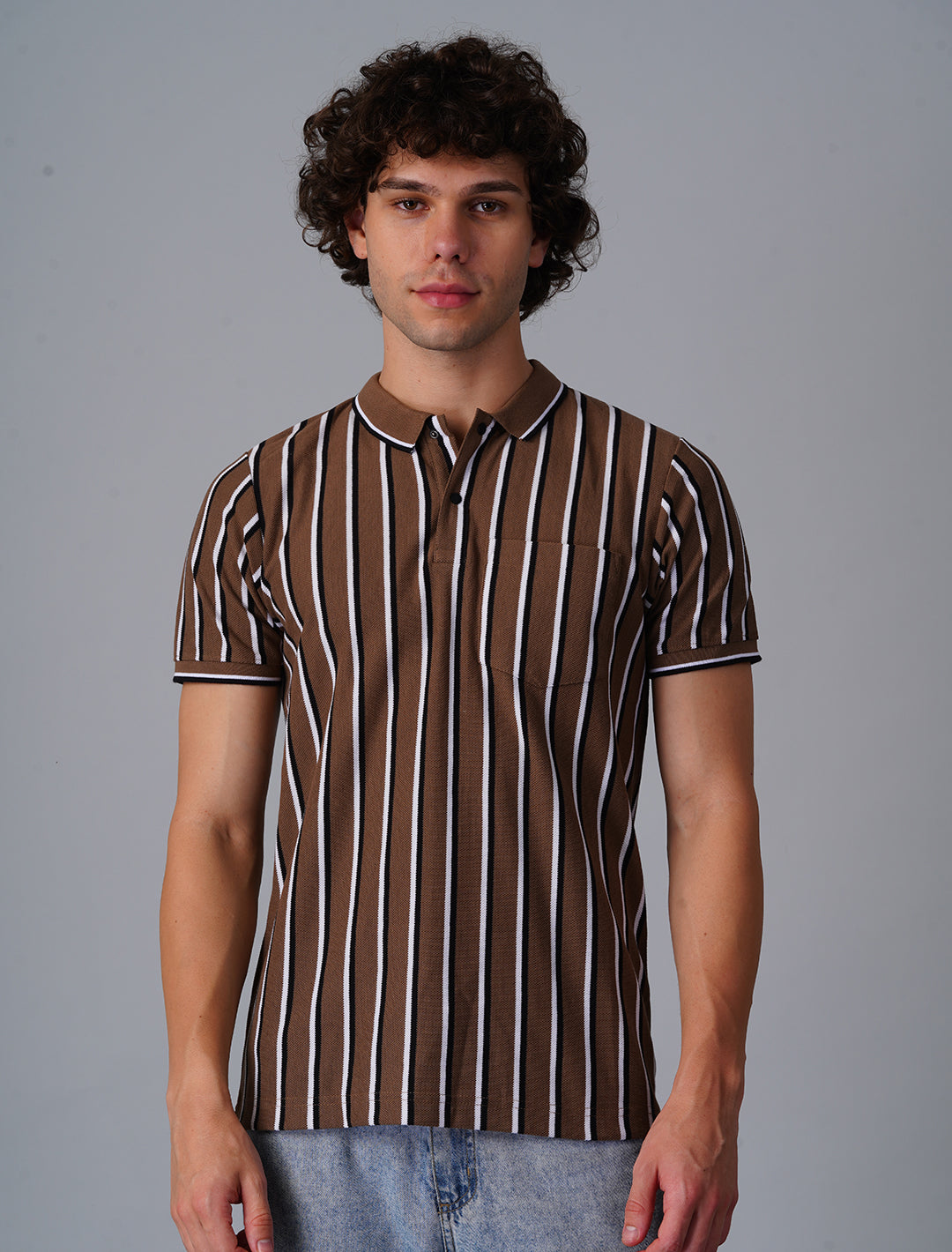 Vertical Stripper Polo T-Shirt - Brown