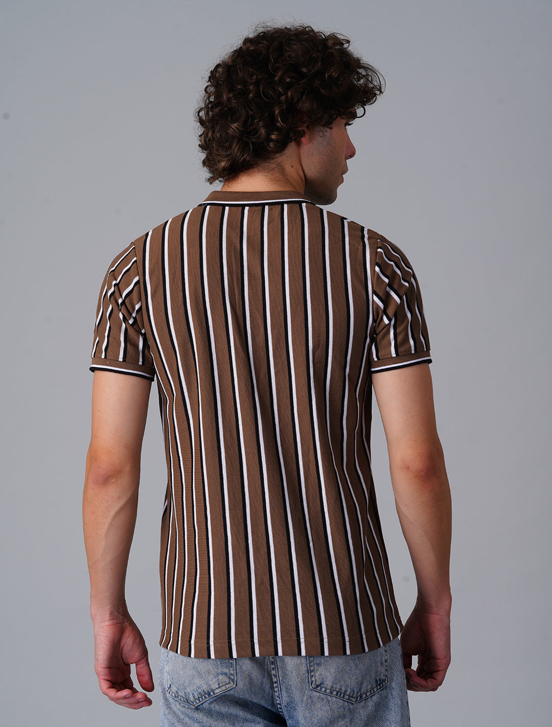 Vertical Stripper Polo T-Shirt - Brown