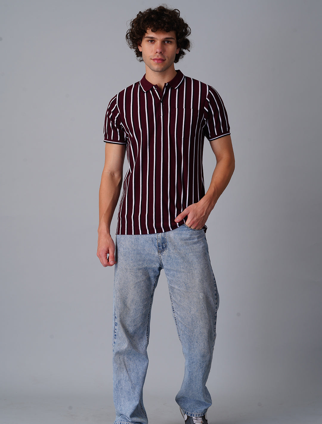 Vertical Stripper Polo T-Shirt - Maroon