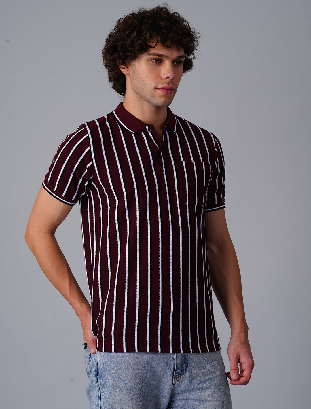 Vertical Stripper Polo T-Shirt - Maroon