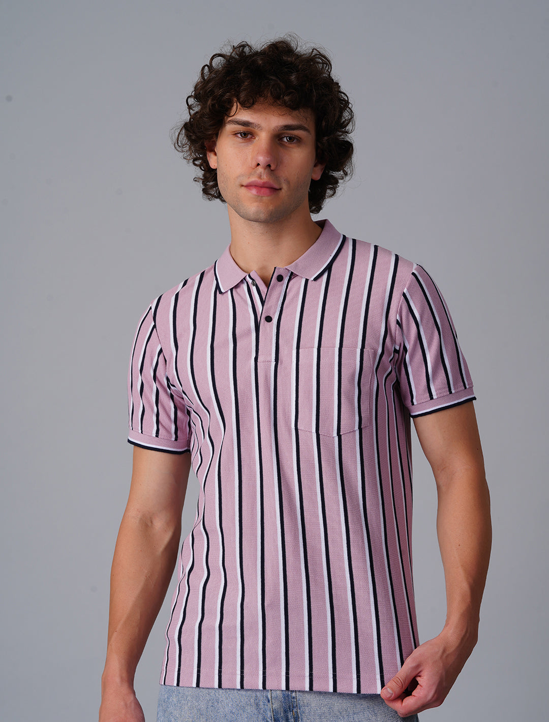 Vertical Stripper Polo T-Shirt - Pink