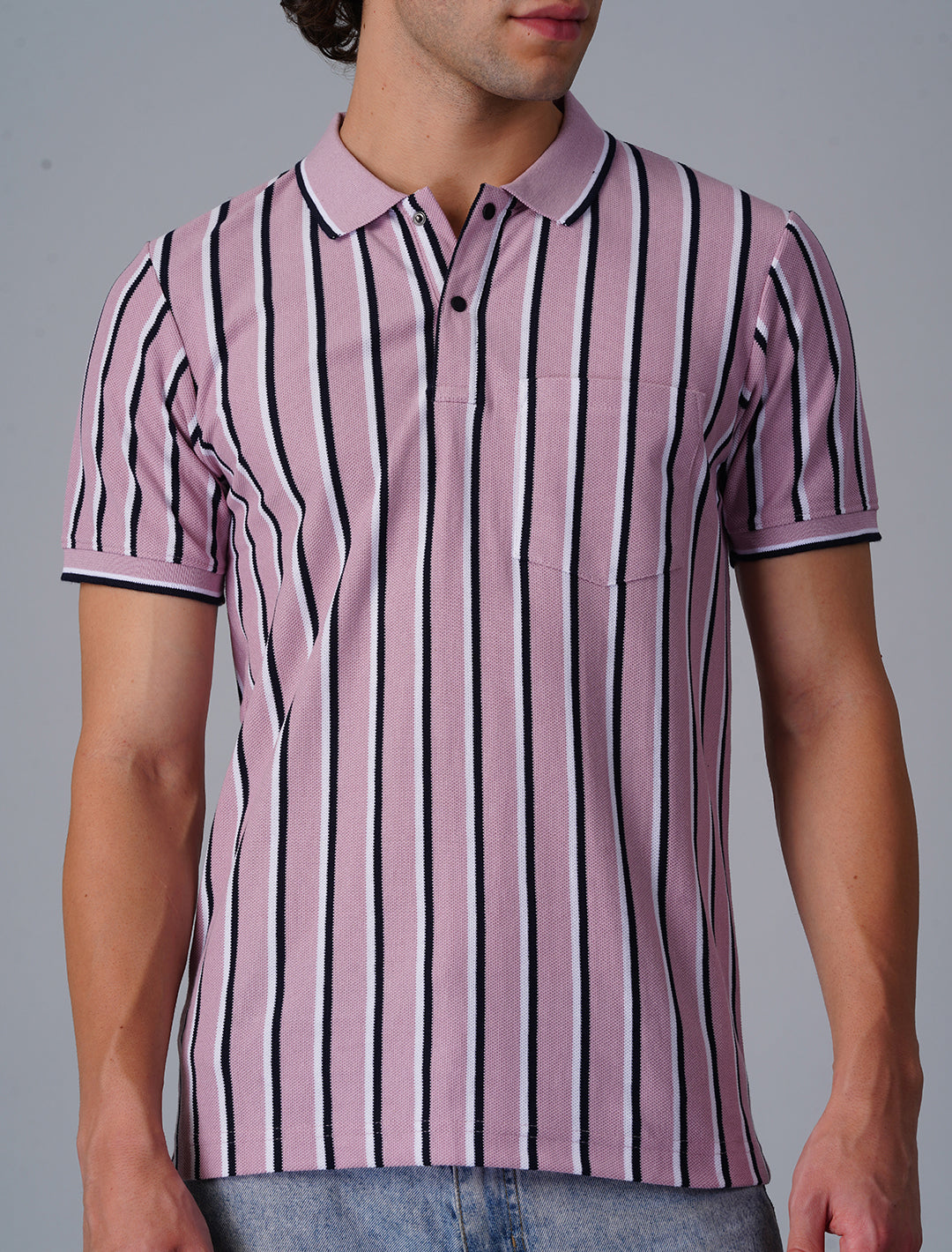 Vertical Stripper Polo T-Shirt - Pink