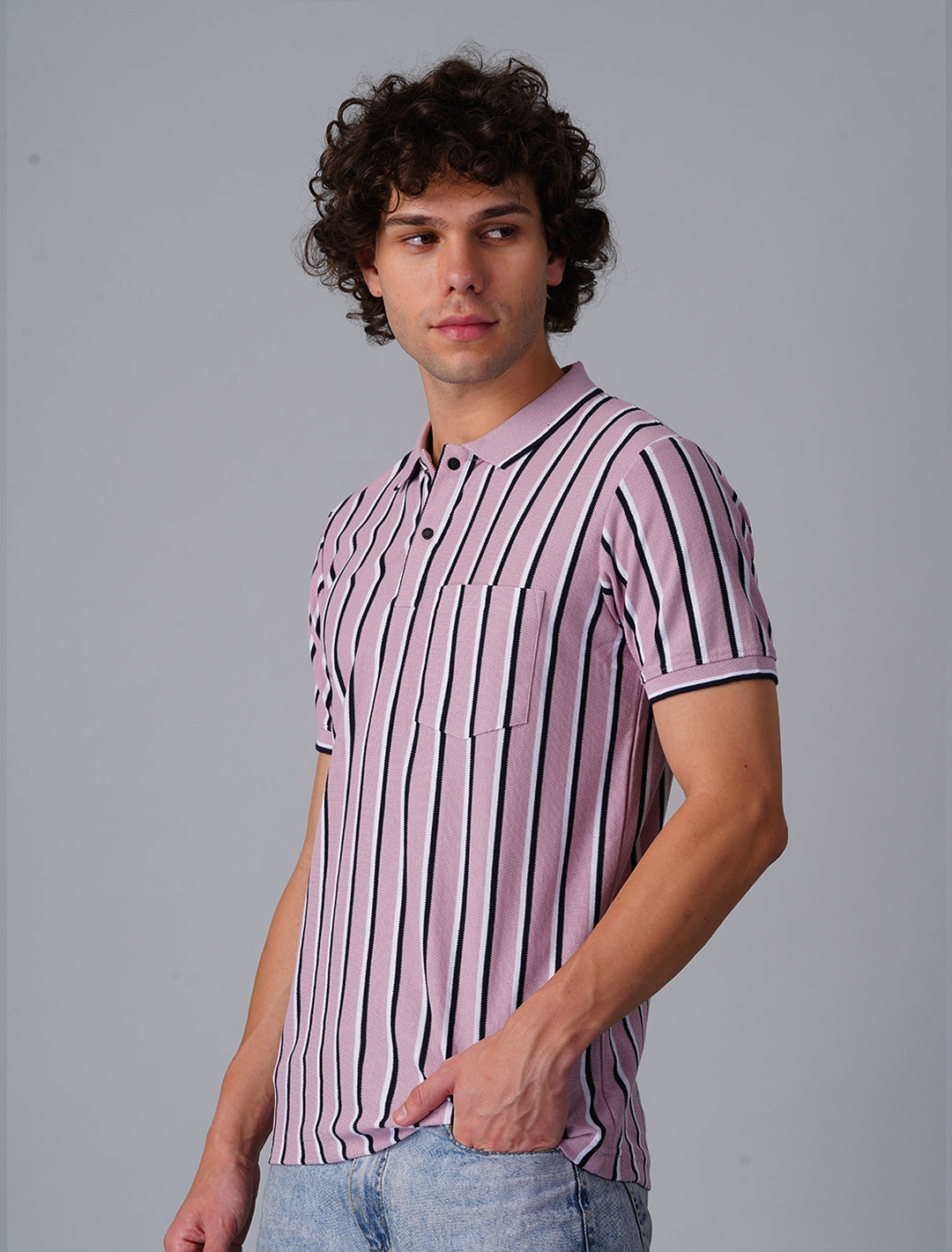 Vertical Stripper Polo T-Shirt - Pink